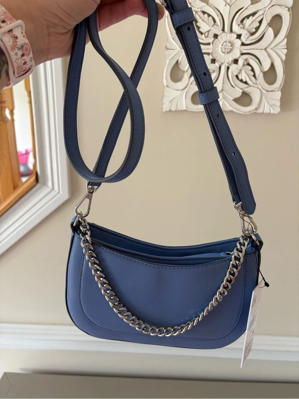 DKNY Light Blue Leather Shoulder Bag with Silver Chain